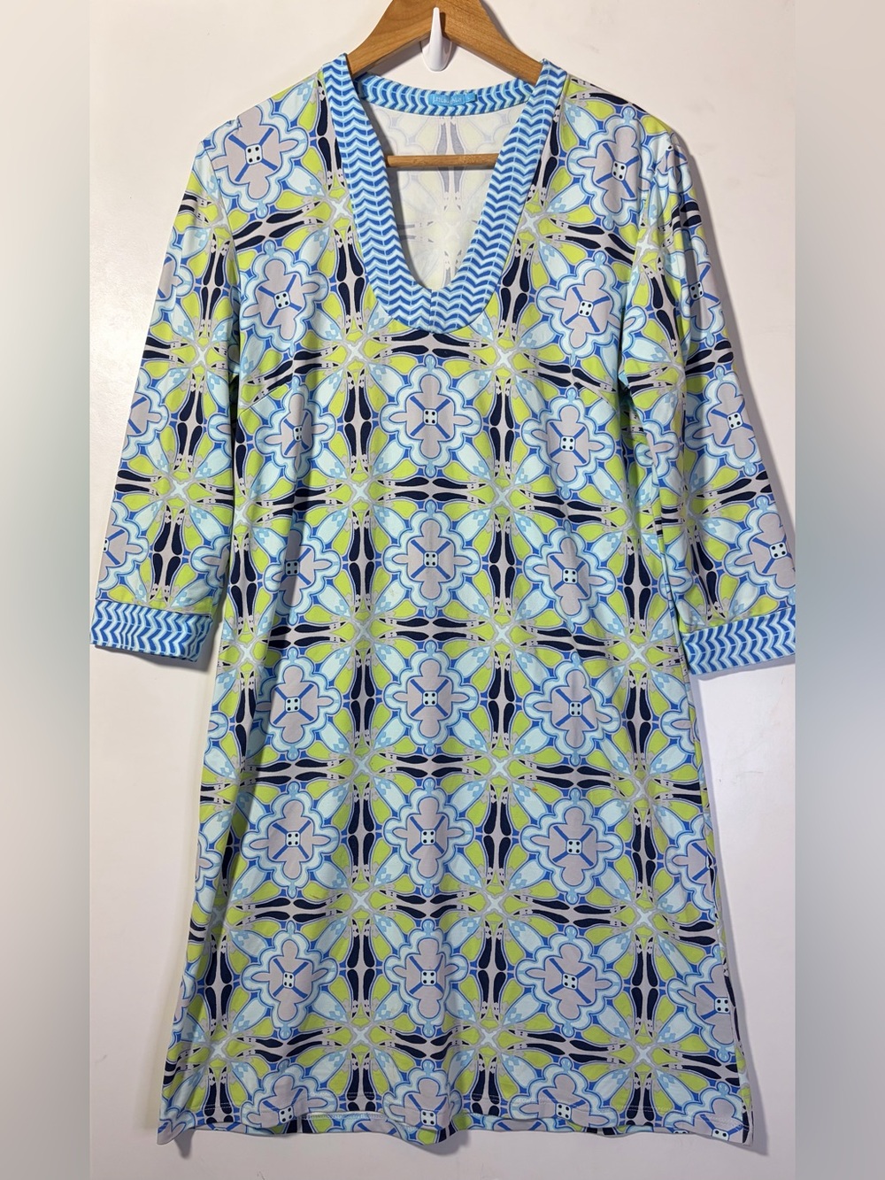J McLaughlin Catalina Cloth Tunic Dress L Blue Green Geometric Preppy Coastal